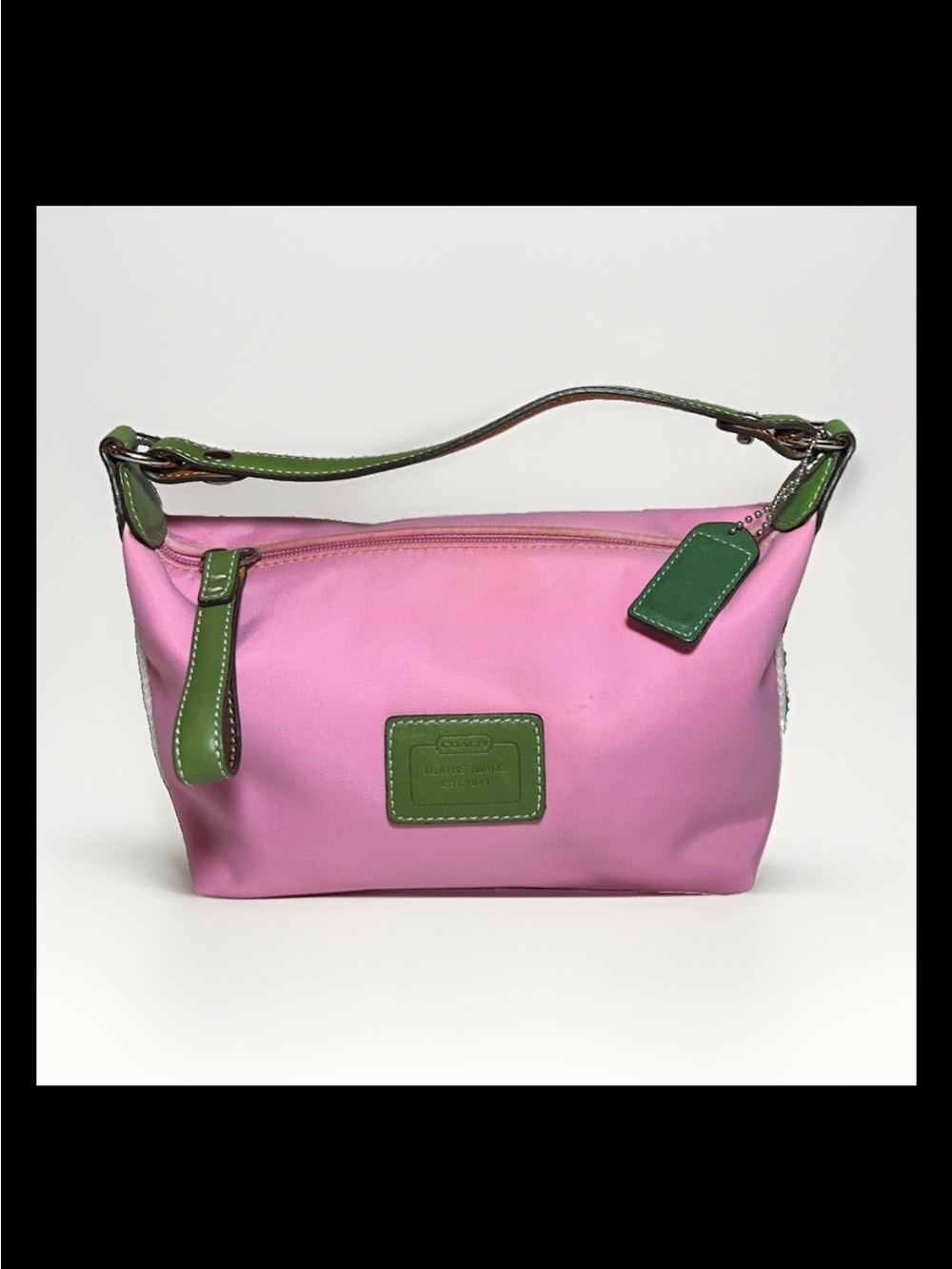 Coach Demi Bag/ Wristlet Set, Bubble Gum Pink Nylon, Green Leather Trim, 2002